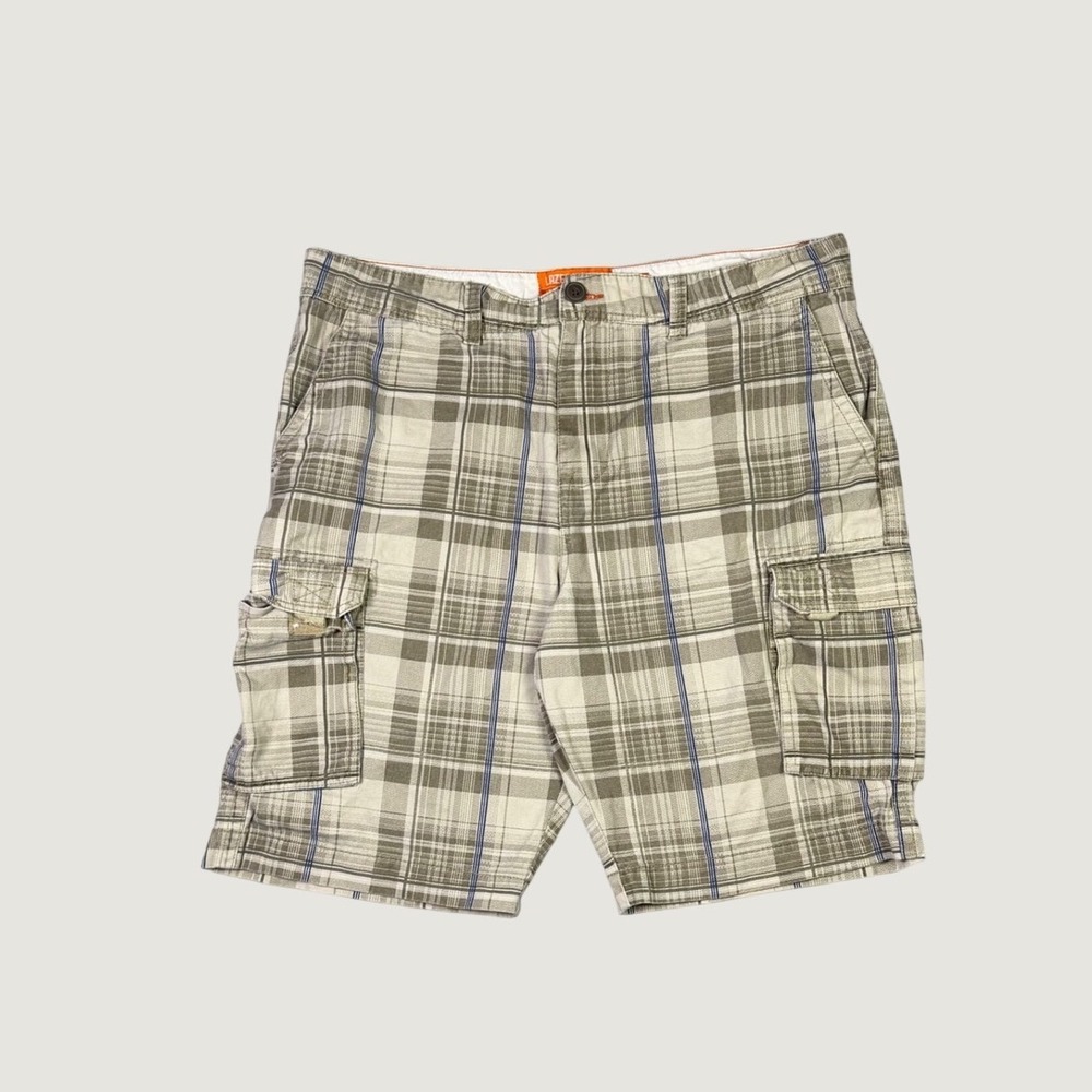 Lazer/Co Mens Plaid Cargo Shorts Size 38 Tan Blue Utility Workwear Casual